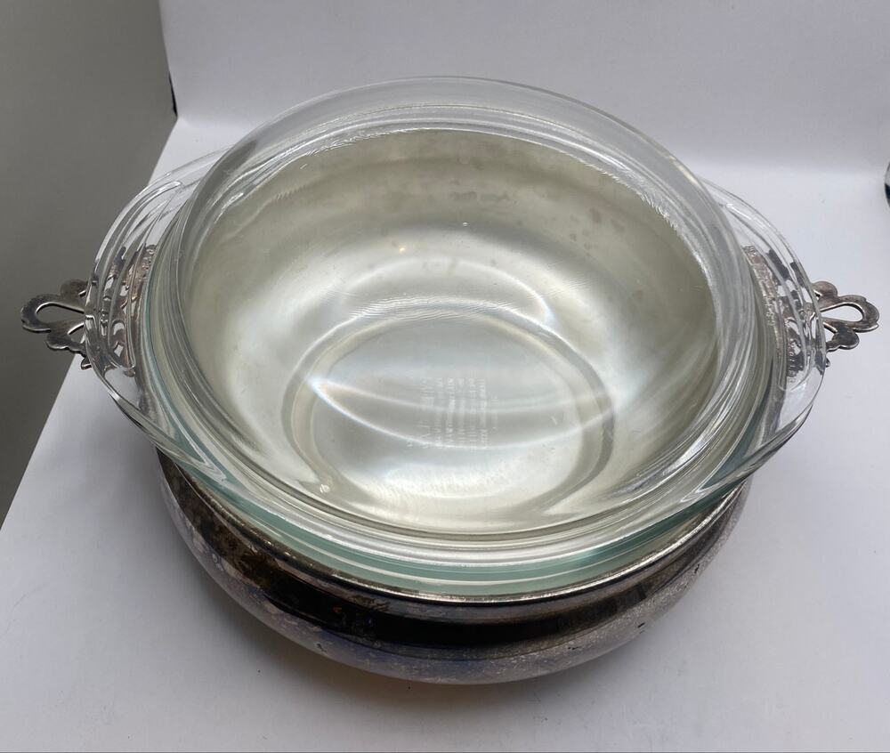 Vintage Pyrex 023 Glass Casserole w/Lid Ornate Silverplate Style Serving Holder